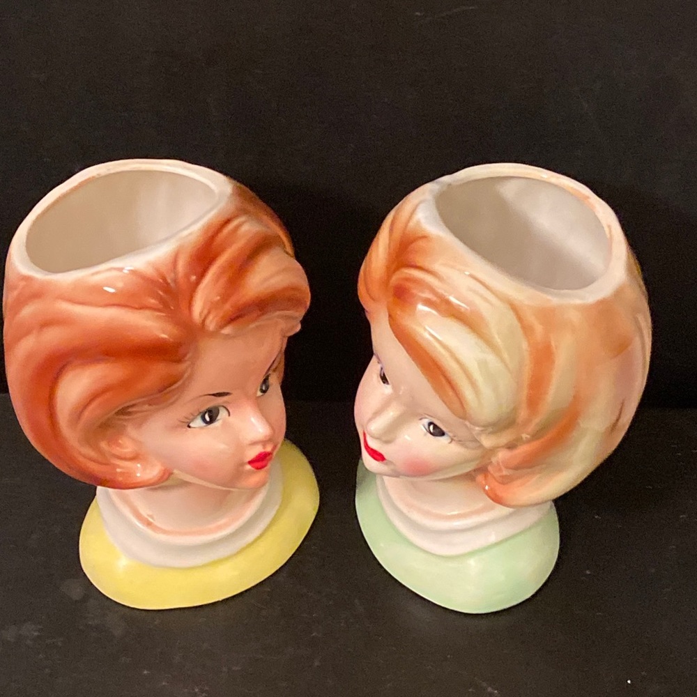 Nancy Pew High-gloss Napco Japan #3397 2 Pcs Porcelain Young Lady Head Vases - Picture 6 of 8